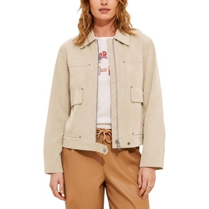 Women’s Faux Leather Jacket Lapel Bell Sleeve Zip Up Outwear(Beige)