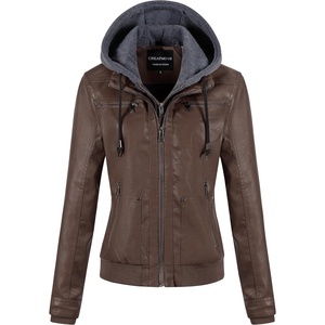 Women’s Faux Leather Jacket Waterproof Motorcycle Bomber Jacket Vintage PU Moto Biker Coat With Removable Hood(Coffee)
