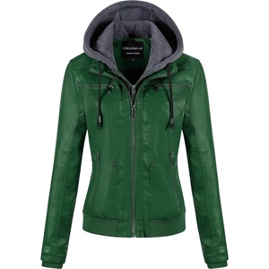Women’s Faux Leather Jacket Waterproof Motorcycle Bomber Jacket Vintage PU Moto Biker Coat With Removable Hood(Green)