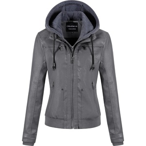 Women’s Faux Leather Jacket Waterproof Motorcycle Bomber Jacket Vintage PU Moto Biker Coat With Removable Hood(Grey)