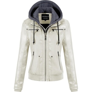 Women’s Faux Leather Jacket Waterproof Motorcycle Bomber Jacket Vintage PU Moto Biker Coat With Removable Hood(White)
