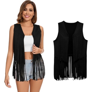 Women’s Fringe Vest 60s 70s Hippie Vest Sleeveless Cowgirl Western Faux Suede Tassel Leather Jacket Hippie Party(Black)