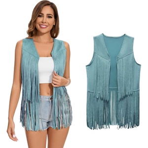 Women’s Fringe Vest 60s 70s Hippie Vest Sleeveless Cowgirl Western Faux Suede Tassel Leather Jacket Hippie Party(Blue)