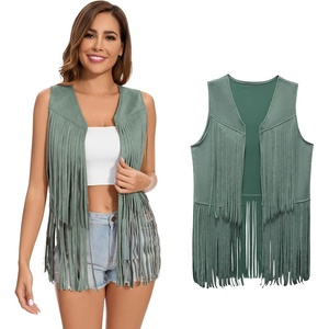 Women’s Fringe Vest 60s 70s Hippie Vest Sleeveless Cowgirl Western Faux Suede Tassel Leather Jacket Hippie Party(Green)