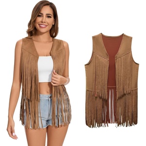 Women’s Fringe Vest 60s 70s Hippie Vest Sleeveless Cowgirl Western Faux Suede Tassel Leather Jacket Hippie Party(Light Brown)
