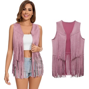 Women’s Fringe Vest 60s 70s Hippie Vest Sleeveless Cowgirl Western Faux Suede Tassel Leather Jacket Hippie Party(Pink)