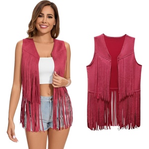 Women’s Fringe Vest 60s 70s Hippie Vest Sleeveless Cowgirl Western Faux Suede Tassel Leather Jacket Hippie Party(Red)