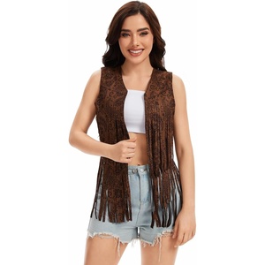 Women’s Fringe Vest 60s 70s Hippie Vest Sleeveless Cowgirl Western Faux Suede Tassel Leather Jacket Hippie Party(Retro Flowers)