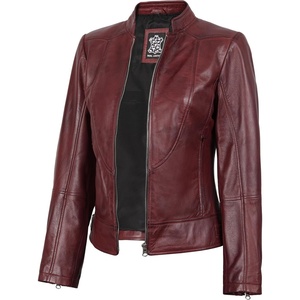 Womens Leather Jacket – Real Lambskin Cafe Racer Style Leather Jackets for Women(Amy – Burgundy Leather Jacket Women)