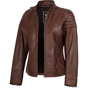 Womens Leather Jacket – Real Lambskin Cafe Racer Style Leather Jackets for Women(Carrie – Cognac Leather Jacket Women)