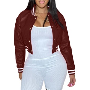 Xaspee Varsity Bomber Jacket Women Causal Baseball Crop Top Letterman Faux Leather Snap Button Sports Outwear Jackets(Burgundy)