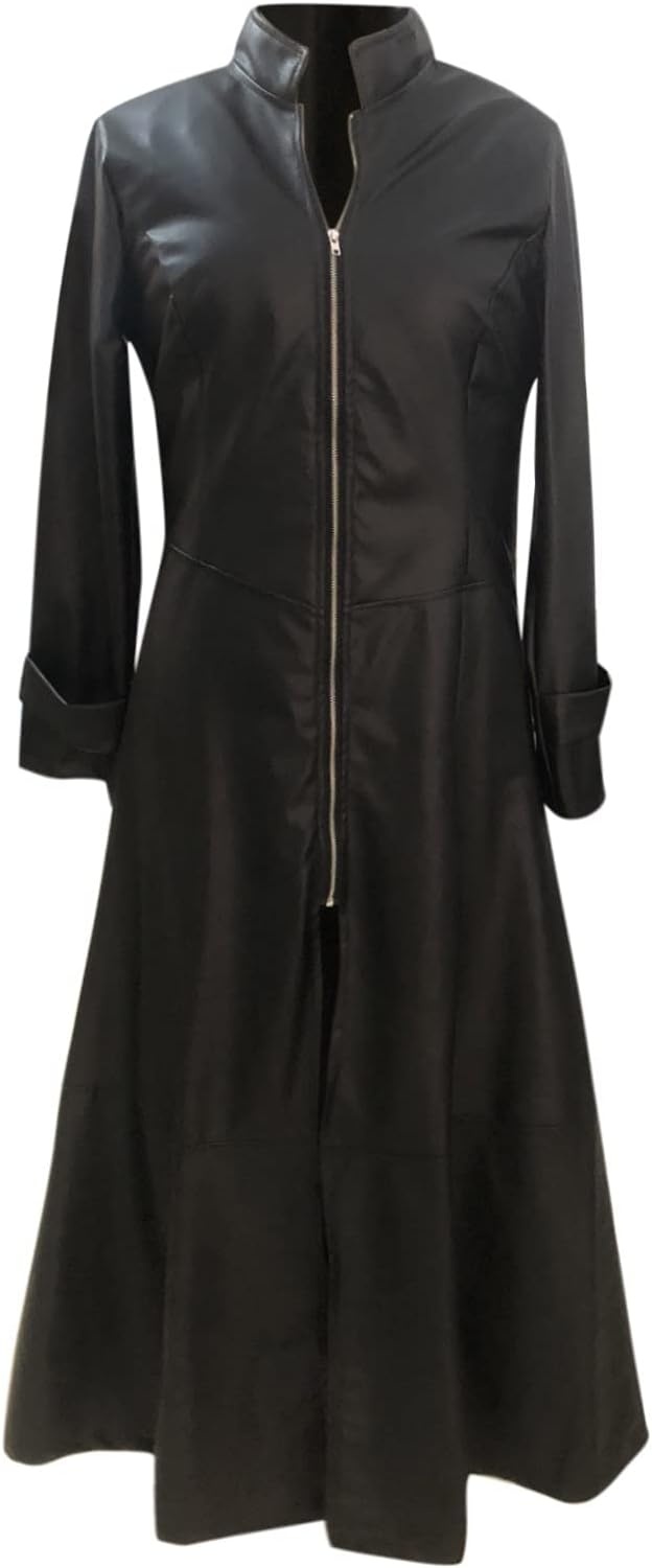 image:imagetuduoms Womens Faux Leather Trench Coat Fashion Sexy Zip Up Motocycle Long Jackets Windbreaker Slim Fit Maxi Winter Over CoatBlack