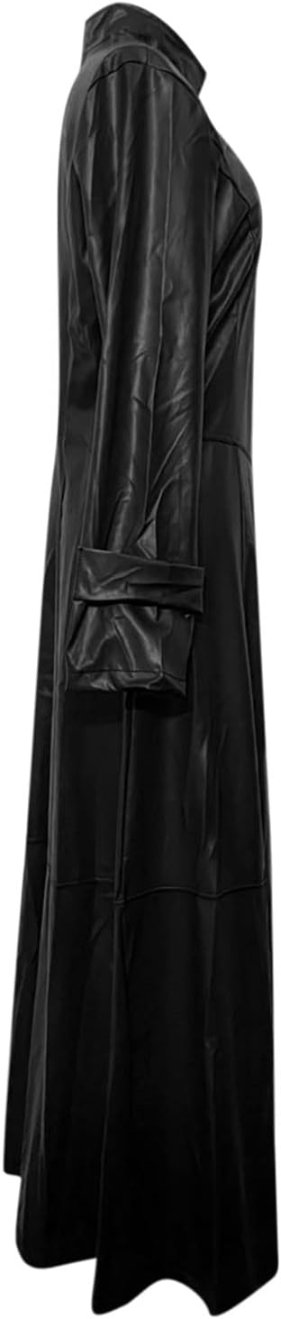image:imagetuduoms Womens Faux Leather Trench Coat Fashion Sexy Zip Up Motocycle Long Jackets Windbreaker Slim Fit Maxi Winter Over CoatBlack