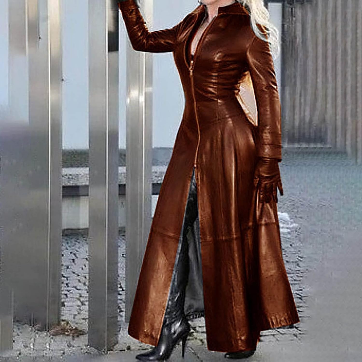 image:imagetuduoms Womens Faux Leather Trench Coat Fashion Sexy Zip Up Motocycle Long Jackets Windbreaker Slim Fit Maxi Winter Over CoatBrown