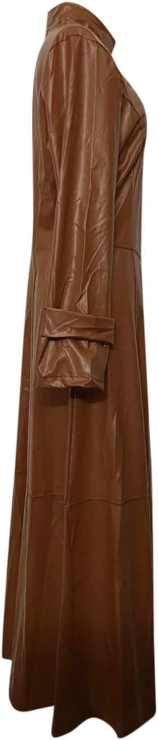 image:imagetuduoms Womens Faux Leather Trench Coat Fashion Sexy Zip Up Motocycle Long Jackets Windbreaker Slim Fit Maxi Winter Over CoatBrown