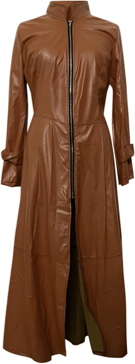 image:imagetuduoms Womens Faux Leather Trench Coat Fashion Sexy Zip Up Motocycle Long Jackets Windbreaker Slim Fit Maxi Winter Over CoatBrown
