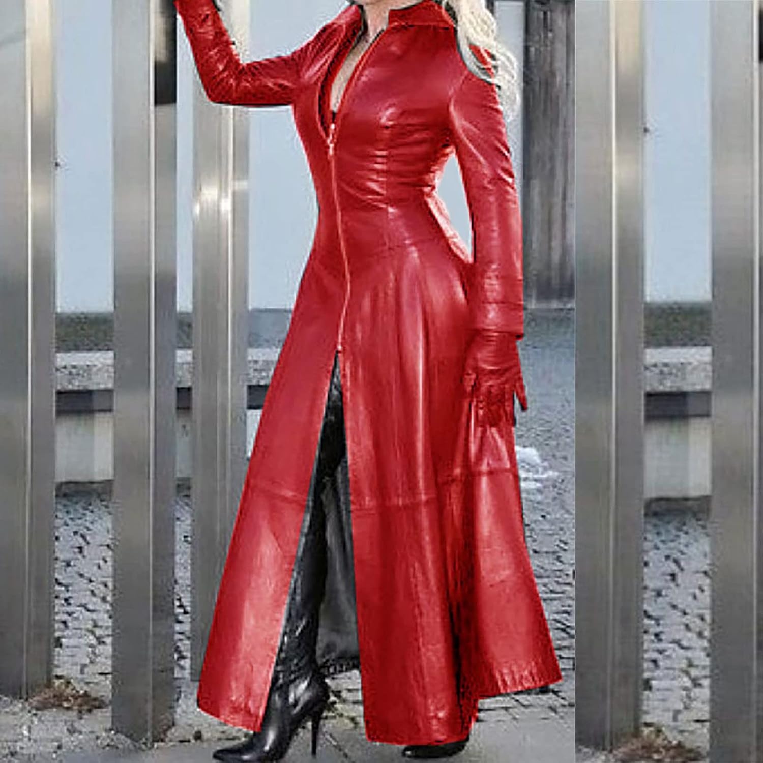 image:imagetuduoms Womens Faux Leather Trench Coat Fashion Sexy Zip Up Motocycle Long Jackets Windbreaker Slim Fit Maxi Winter Over CoatRed