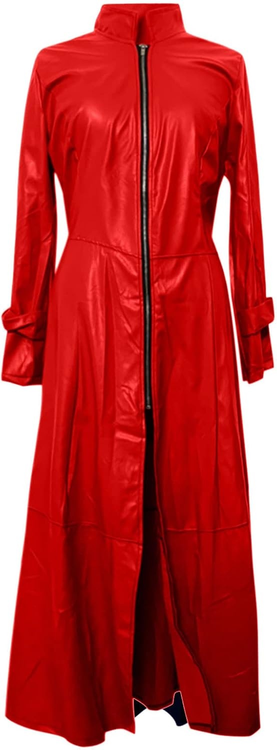 image:imagetuduoms Womens Faux Leather Trench Coat Fashion Sexy Zip Up Motocycle Long Jackets Windbreaker Slim Fit Maxi Winter Over CoatRed
