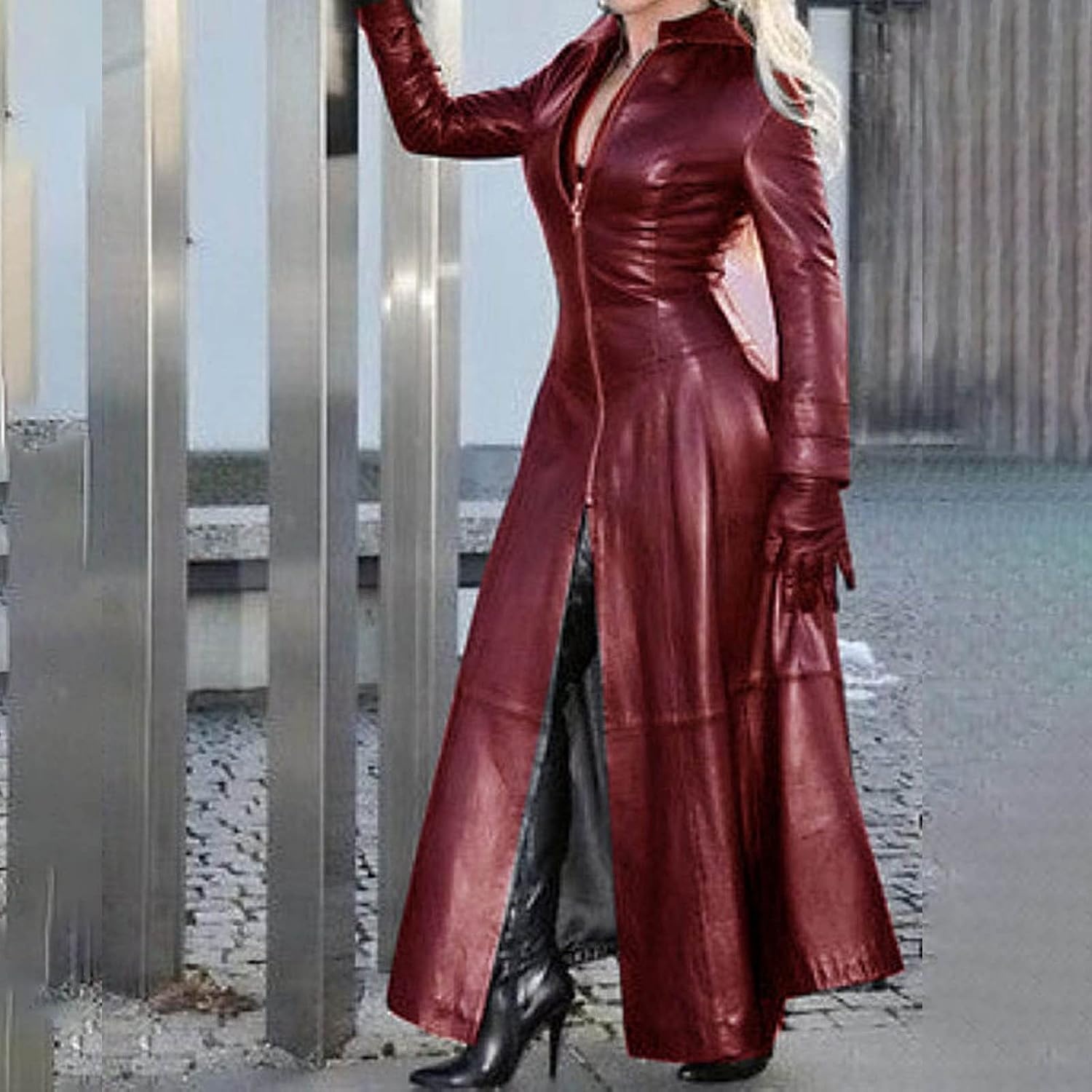 image:imagetuduoms Womens Faux Leather Trench Coat Fashion Sexy Zip Up Motocycle Long Jackets Windbreaker Slim Fit Maxi Winter Over CoatWine