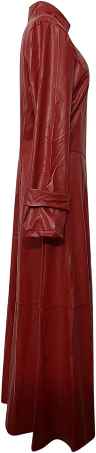 image:imagetuduoms Womens Faux Leather Trench Coat Fashion Sexy Zip Up Motocycle Long Jackets Windbreaker Slim Fit Maxi Winter Over CoatWine