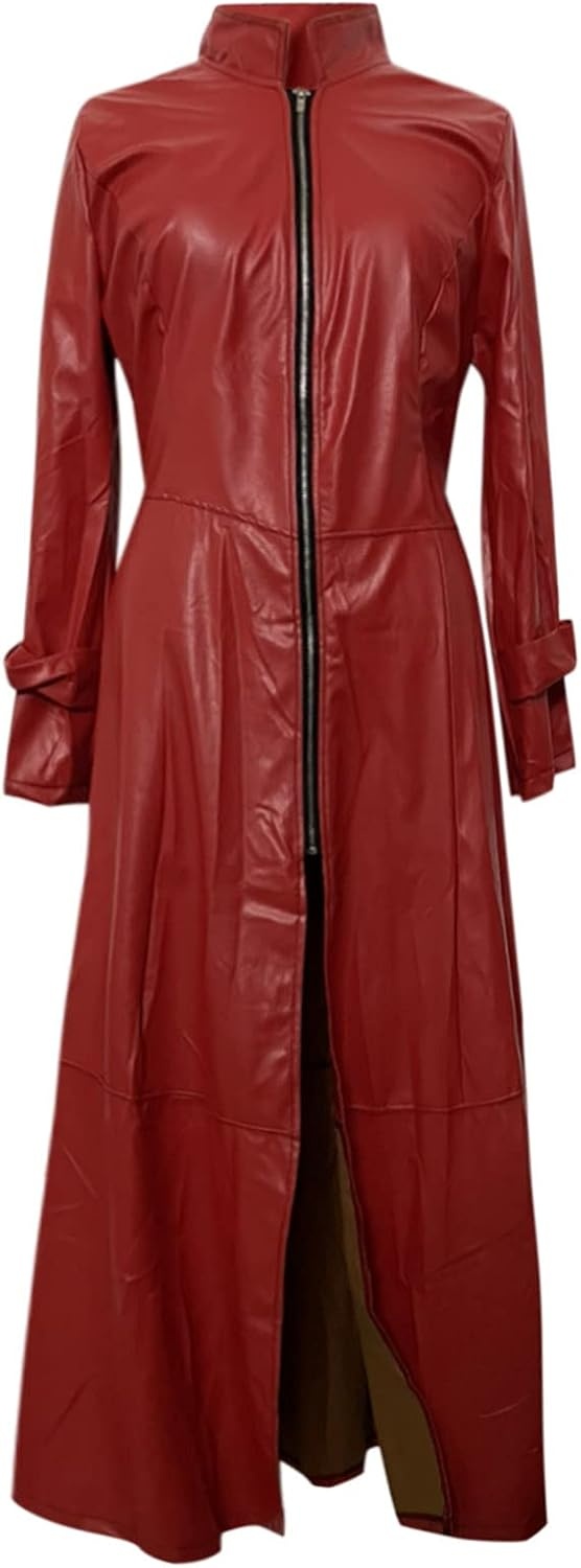 image:imagetuduoms Womens Faux Leather Trench Coat Fashion Sexy Zip Up Motocycle Long Jackets Windbreaker Slim Fit Maxi Winter Over CoatWine