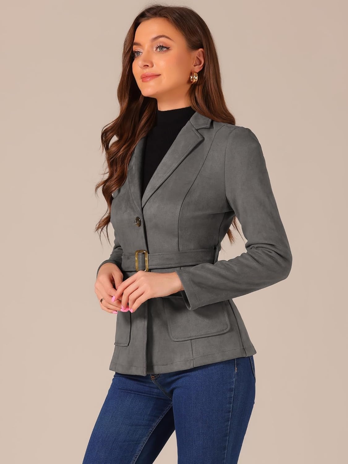 image:imageAllegra K Womens Faux Suede Blazer Belted Work Suit Jacket with Pockets Long Sleeve Button Down Collared Blazers Professional Business Casual Outfits for Fall WinterDark Grey