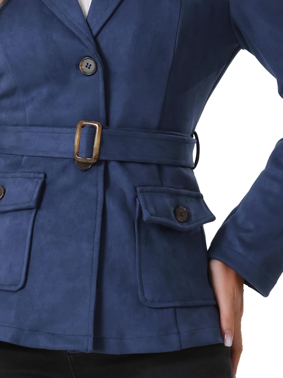 image:imageAllegra K Womens Faux Suede Blazer Belted Work Suit Jacket with Pockets Long Sleeve Button Down Collared Blazers Professional Business Casual Outfits for Fall WinterDark Blue