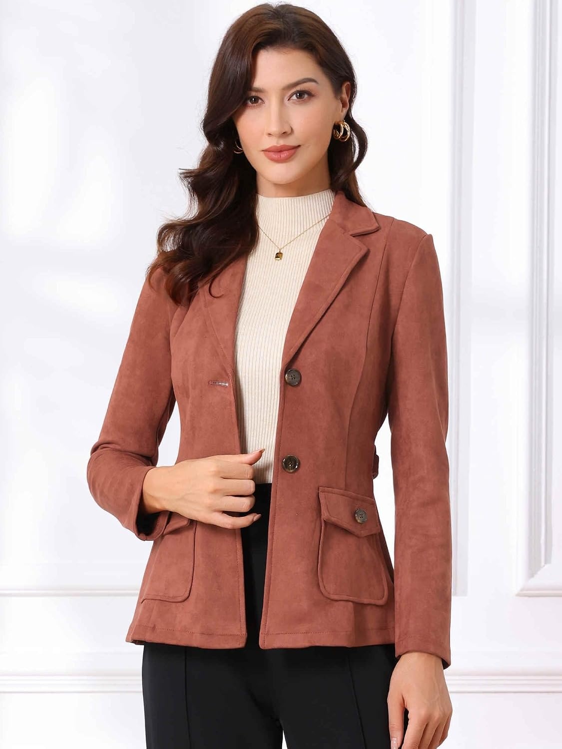 image:imageAllegra K Womens Faux Suede Blazer Belted Work Suit Jacket with Pockets Long Sleeve Button Down Collared Blazers Professional Business Casual Outfits for Fall WinterCaramel