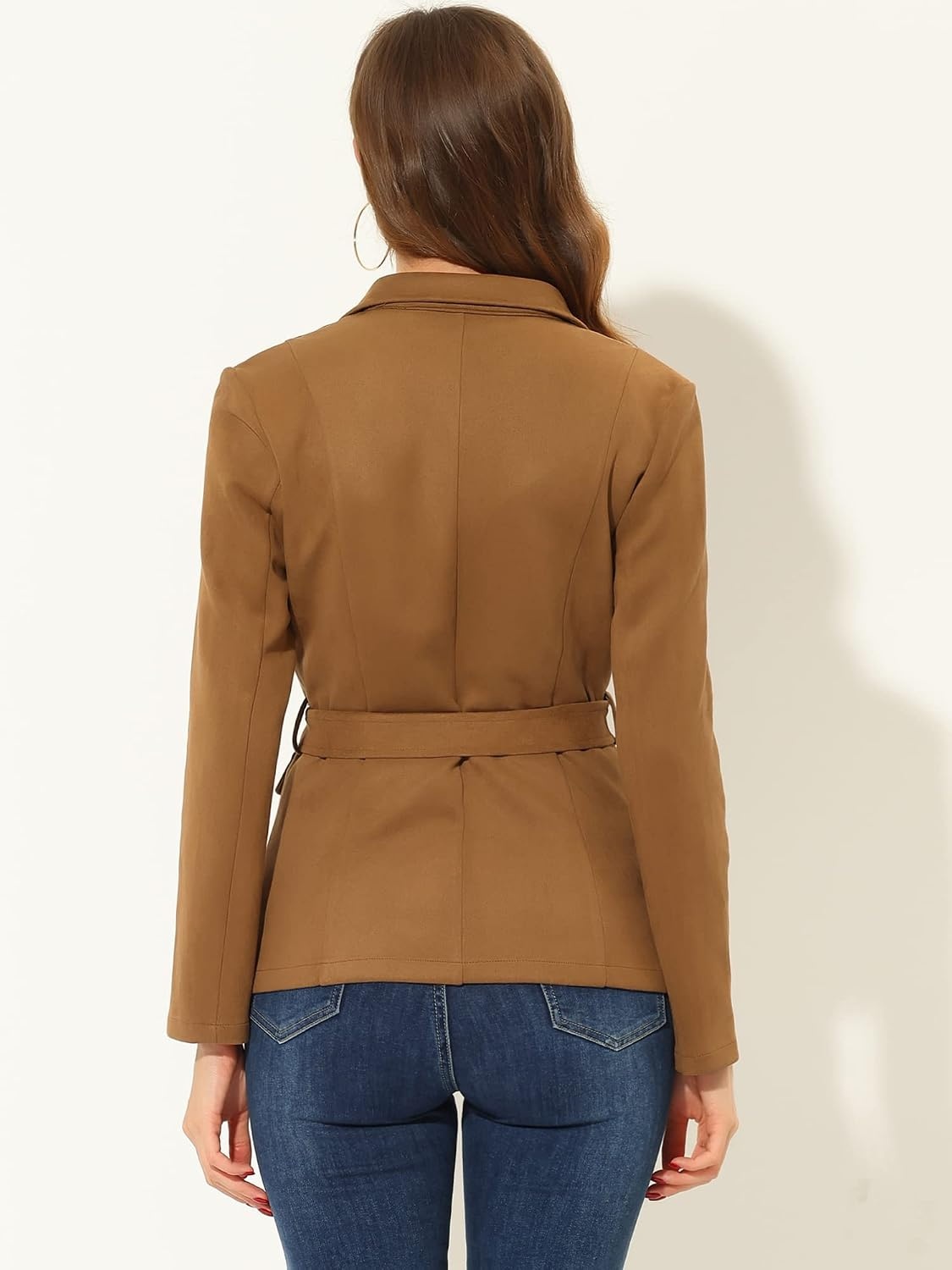image:imageAllegra K Womens Faux Suede Blazer Belted Work Suit Jacket with Pockets Long Sleeve Button Down Collared Blazers Professional Business Casual Outfits for Fall WinterBrown