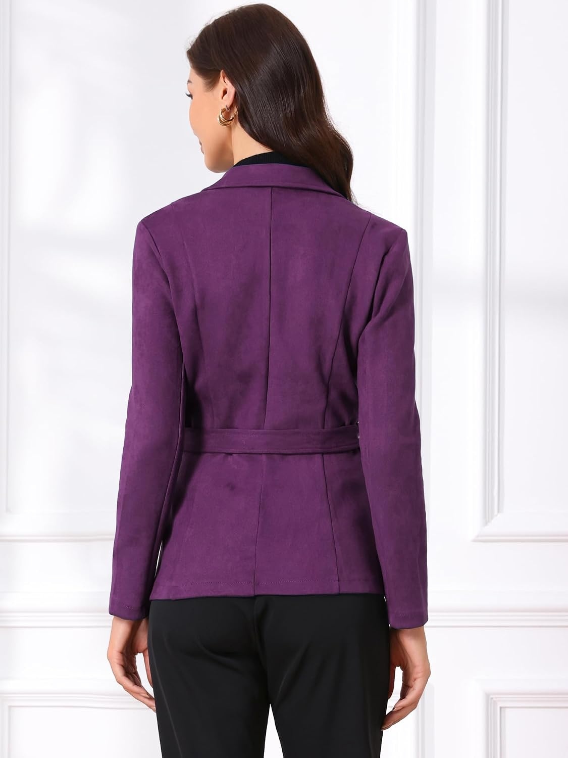 image:imageAllegra K Womens Faux Suede Blazer Belted Work Suit Jacket with Pockets Long Sleeve Button Down Collared Blazers Professional Business Casual Outfits for Fall WinterDark Purple
