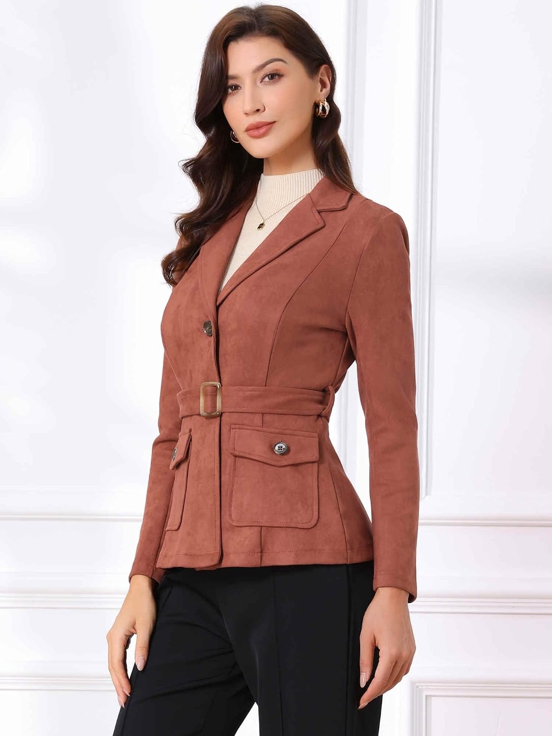 image:imageAllegra K Womens Faux Suede Blazer Belted Work Suit Jacket with Pockets Long Sleeve Button Down Collared Blazers Professional Business Casual Outfits for Fall WinterCaramel