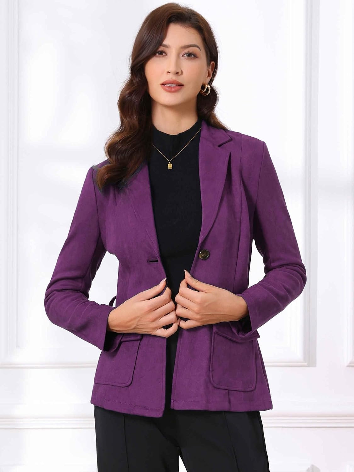 image:imageAllegra K Womens Faux Suede Blazer Belted Work Suit Jacket with Pockets Long Sleeve Button Down Collared Blazers Professional Business Casual Outfits for Fall WinterDark Purple