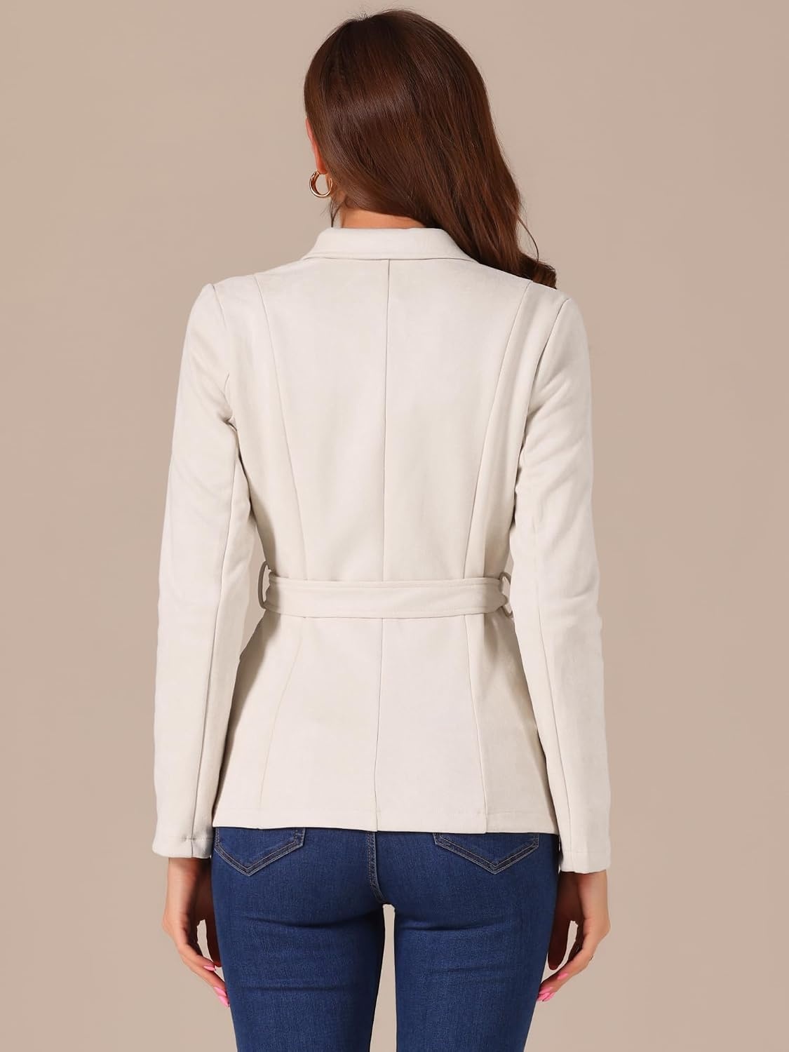 image:imageAllegra K Womens Faux Suede Blazer Belted Work Suit Jacket with Pockets Long Sleeve Button Down Collared Blazers Professional Business Casual Outfits for Fall WinterApricot