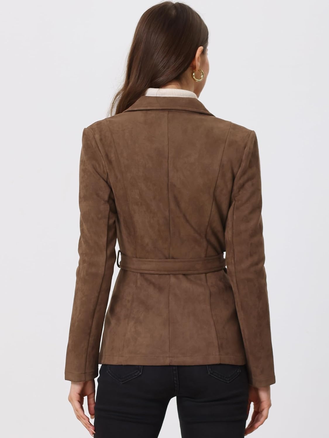 image:imageAllegra K Womens Faux Suede Blazer Belted Work Suit Jacket with Pockets Long Sleeve Button Down Collared Blazers Professional Business Casual Outfits for Fall WinterDark Brown