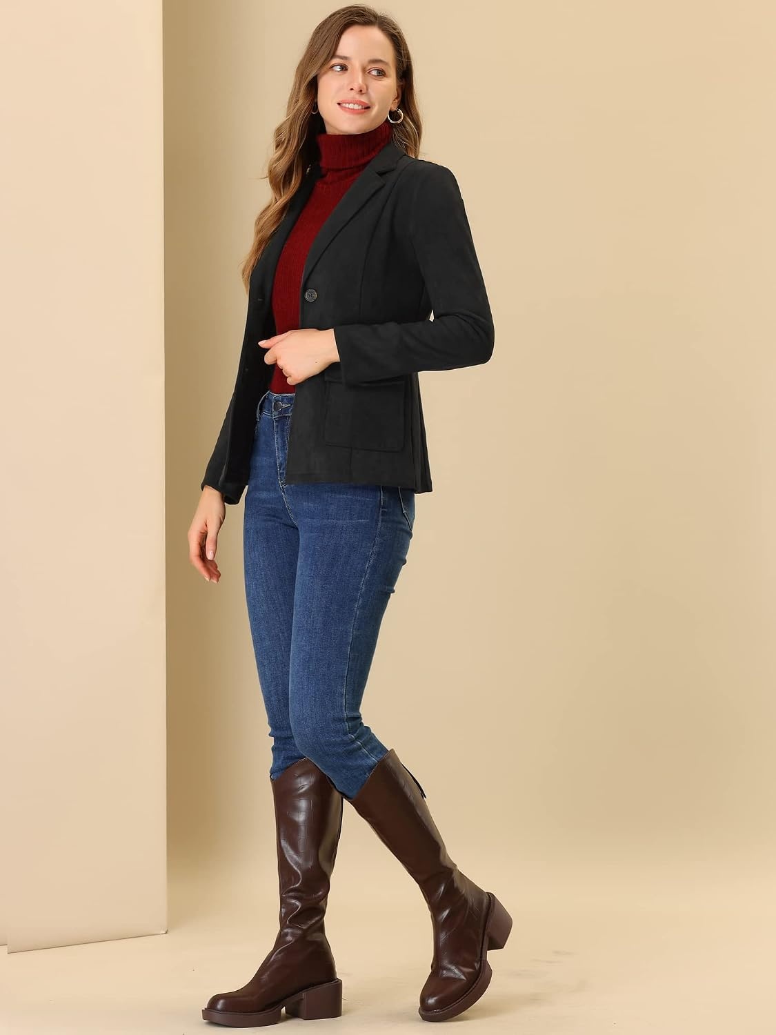image:imageAllegra K Womens Faux Suede Blazer Belted Work Suit Jacket with Pockets Long Sleeve Button Down Collared Blazers Professional Business Casual Outfits for Fall WinterBlack