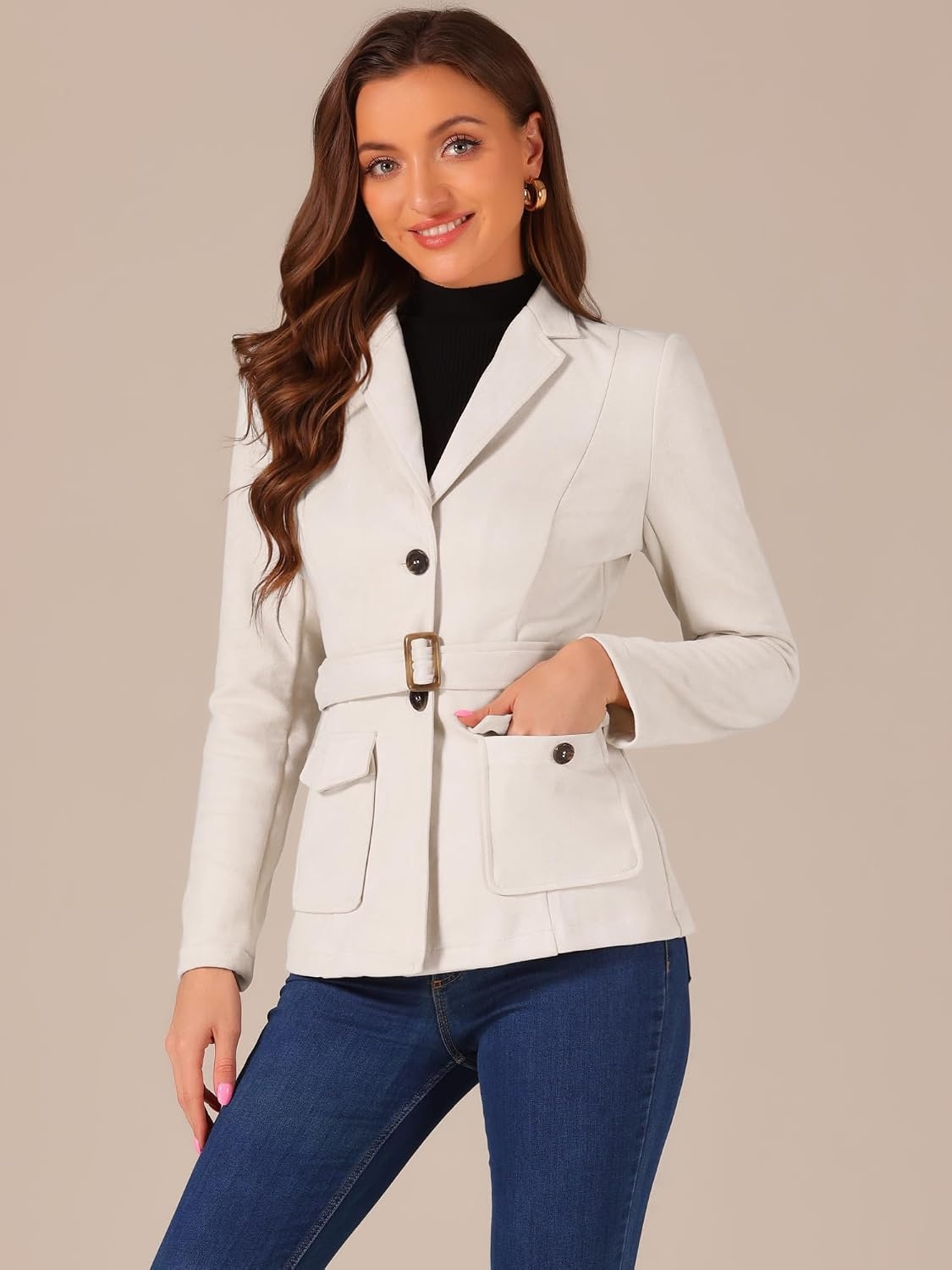 image:imageAllegra K Womens Faux Suede Blazer Belted Work Suit Jacket with Pockets Long Sleeve Button Down Collared Blazers Professional Business Casual Outfits for Fall WinterApricot