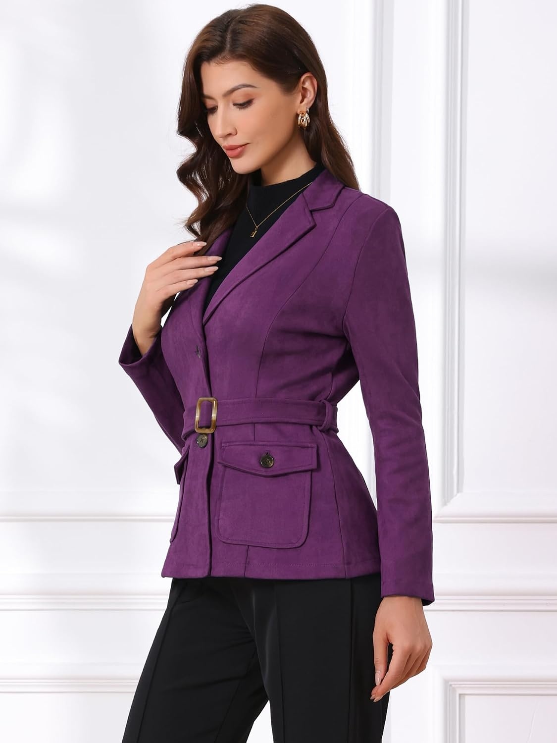 image:imageAllegra K Womens Faux Suede Blazer Belted Work Suit Jacket with Pockets Long Sleeve Button Down Collared Blazers Professional Business Casual Outfits for Fall WinterDark Purple