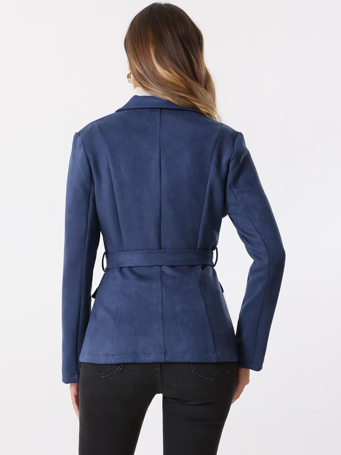 image:imageAllegra K Womens Faux Suede Blazer Belted Work Suit Jacket with Pockets Long Sleeve Button Down Collared Blazers Professional Business Casual Outfits for Fall WinterDark Blue