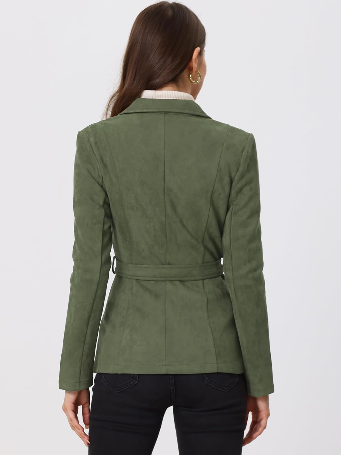 image:imageAllegra K Womens Faux Suede Blazer Belted Work Suit Jacket with Pockets Long Sleeve Button Down Collared Blazers Professional Business Casual Outfits for Fall WinterArmy Green