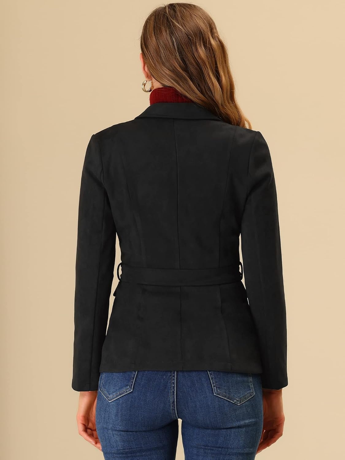 image:imageAllegra K Womens Faux Suede Blazer Belted Work Suit Jacket with Pockets Long Sleeve Button Down Collared Blazers Professional Business Casual Outfits for Fall WinterBlack