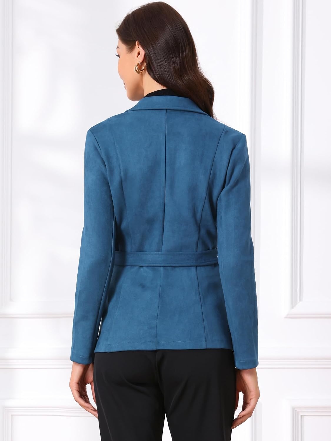 image:imageAllegra K Womens Faux Suede Blazer Belted Work Suit Jacket with Pockets Long Sleeve Button Down Collared Blazers Professional Business Casual Outfits for Fall WinterPeacoak Blue