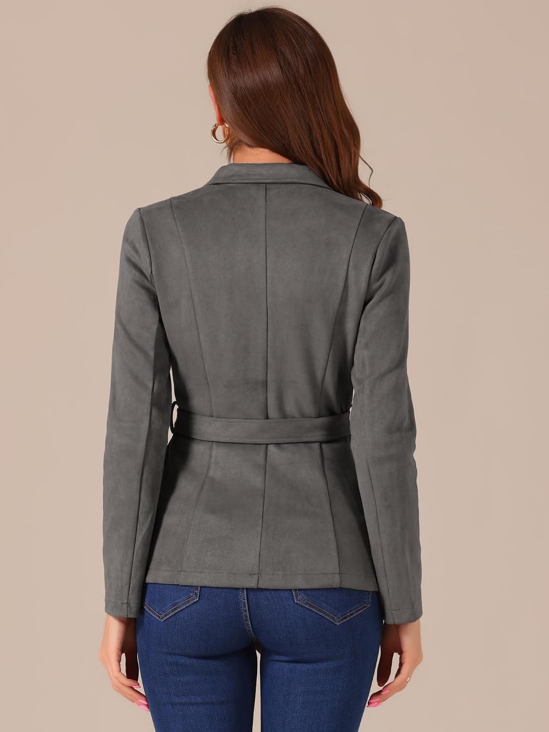 image:imageAllegra K Womens Faux Suede Blazer Belted Work Suit Jacket with Pockets Long Sleeve Button Down Collared Blazers Professional Business Casual Outfits for Fall WinterDark Grey