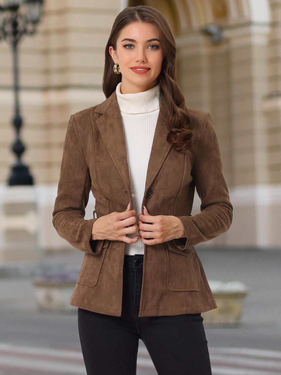 image:imageAllegra K Womens Faux Suede Blazer Belted Work Suit Jacket with Pockets Long Sleeve Button Down Collared Blazers Professional Business Casual Outfits for Fall WinterDark Brown