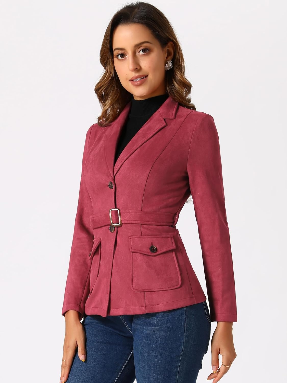 image:imageAllegra K Womens Faux Suede Blazer Belted Work Suit Jacket with Pockets Long Sleeve Button Down Collared Blazers Professional Business Casual Outfits for Fall WinterDark Red