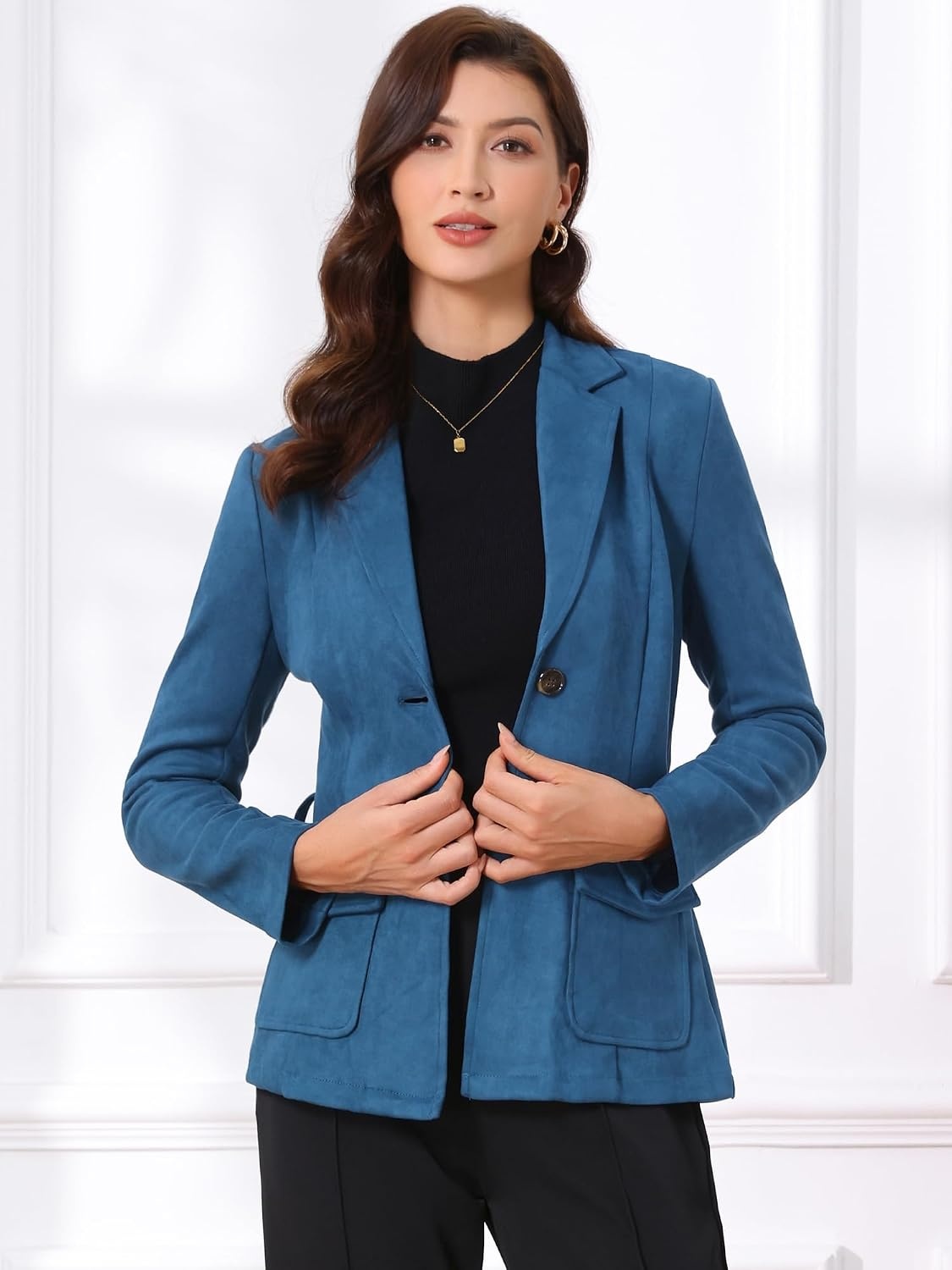 image:imageAllegra K Womens Faux Suede Blazer Belted Work Suit Jacket with Pockets Long Sleeve Button Down Collared Blazers Professional Business Casual Outfits for Fall WinterPeacoak Blue