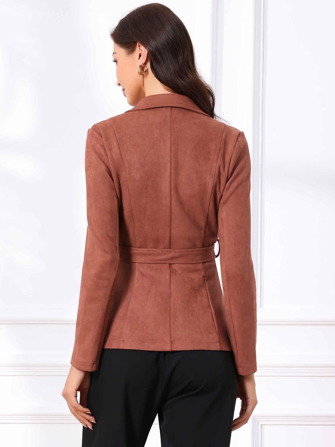 image:imageAllegra K Womens Faux Suede Blazer Belted Work Suit Jacket with Pockets Long Sleeve Button Down Collared Blazers Professional Business Casual Outfits for Fall WinterCaramel