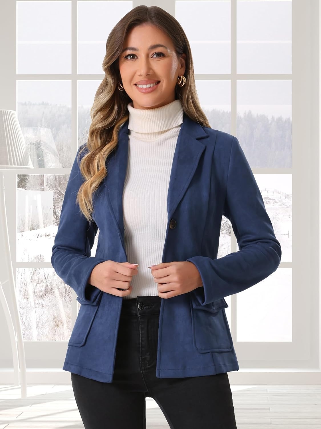 image:imageAllegra K Womens Faux Suede Blazer Belted Work Suit Jacket with Pockets Long Sleeve Button Down Collared Blazers Professional Business Casual Outfits for Fall WinterDark Blue