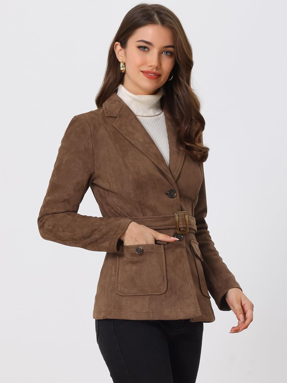 image:imageAllegra K Womens Faux Suede Blazer Belted Work Suit Jacket with Pockets Long Sleeve Button Down Collared Blazers Professional Business Casual Outfits for Fall WinterDark Brown
