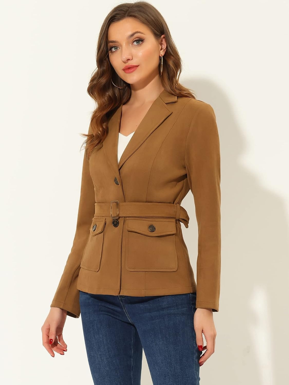 image:imageAllegra K Womens Faux Suede Blazer Belted Work Suit Jacket with Pockets Long Sleeve Button Down Collared Blazers Professional Business Casual Outfits for Fall WinterBrown