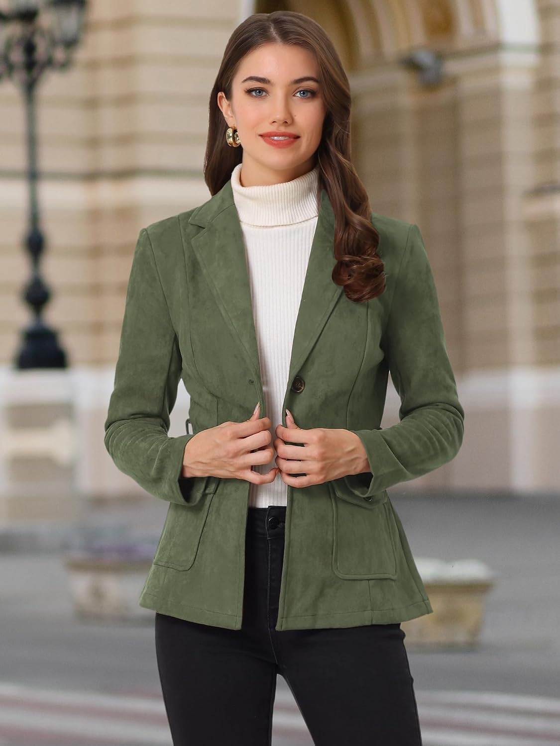 image:imageAllegra K Womens Faux Suede Blazer Belted Work Suit Jacket with Pockets Long Sleeve Button Down Collared Blazers Professional Business Casual Outfits for Fall WinterArmy Green